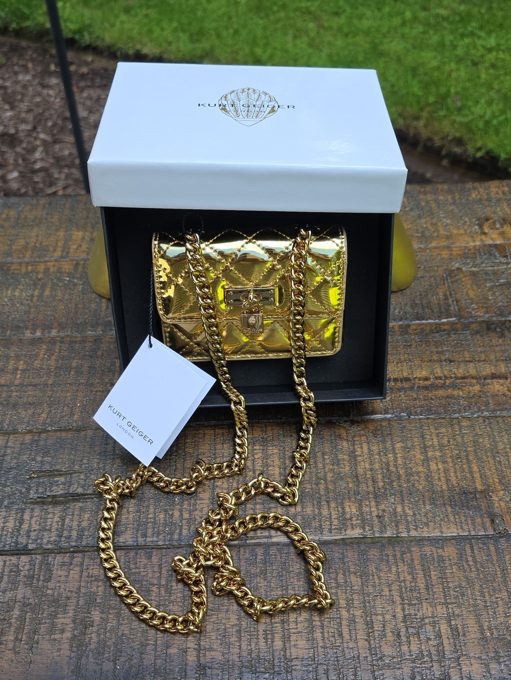 Kurt Geiger Metallic Gold Quilted Mini Chain Shoulder Bag